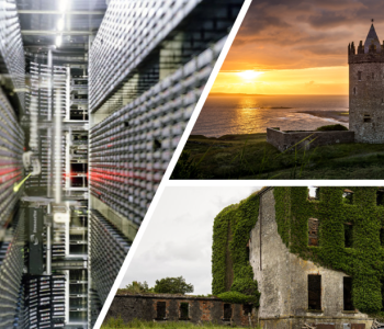 Image montage of a data centre on the left of the image with two other images of Ireland include castle, ruins, the sea and grass meadows