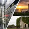 Image montage of a data centre on the left of the image with two other images of Ireland include castle, ruins, the sea and grass meadows