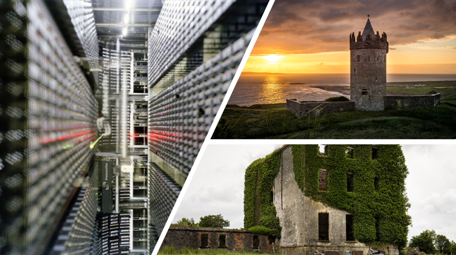 Image montage of a data centre on the left of the image with two other images of Ireland include castle, ruins, the sea and grass meadows